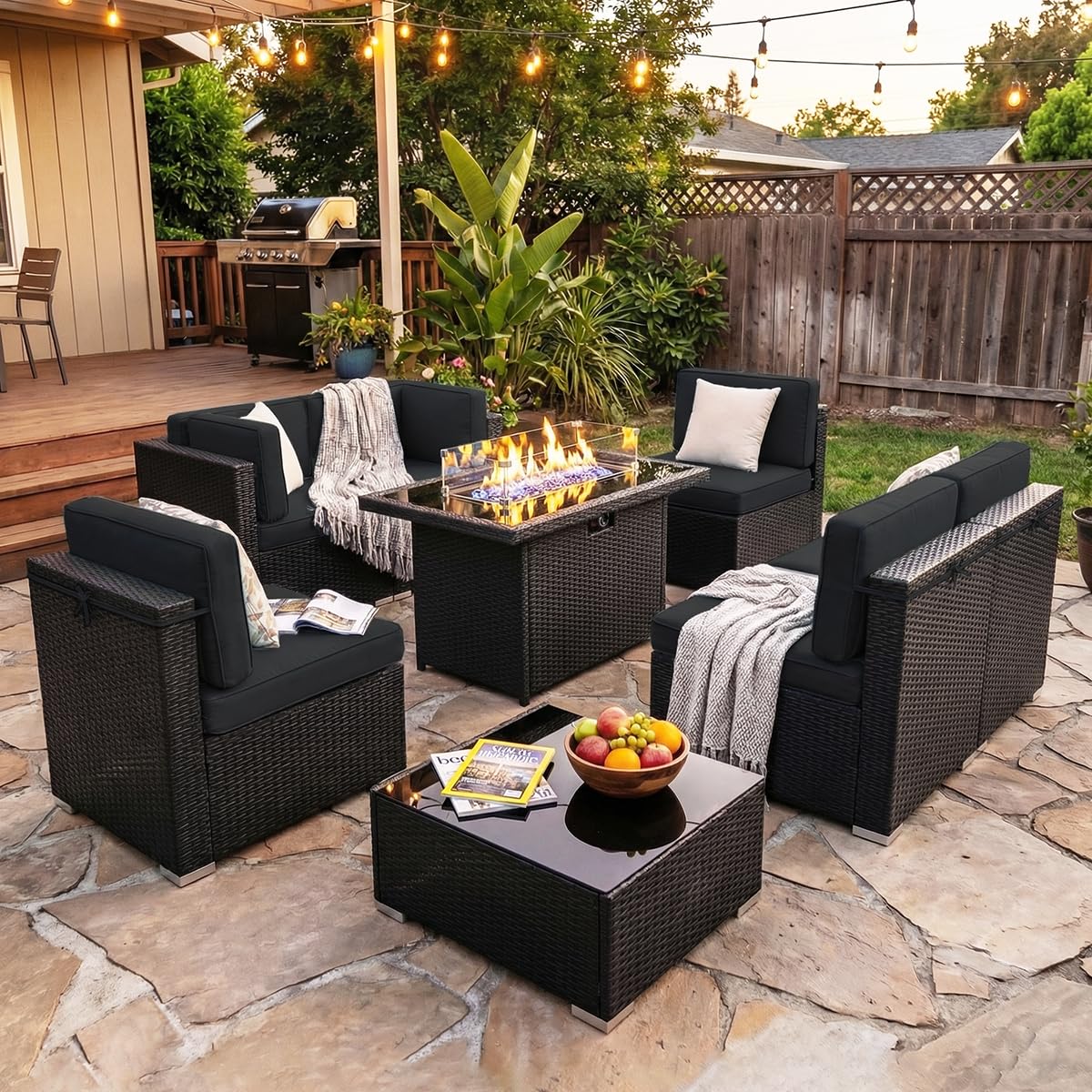 Outdoor Furniture Set With Fire Pit - 8 Pieces Patio Furniture Set with