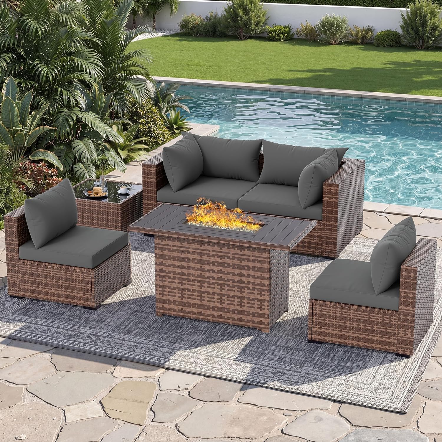 Outdoor Furniture Set With Fire Pit - 5-Piece Outdoor Sectional Sofa Set with