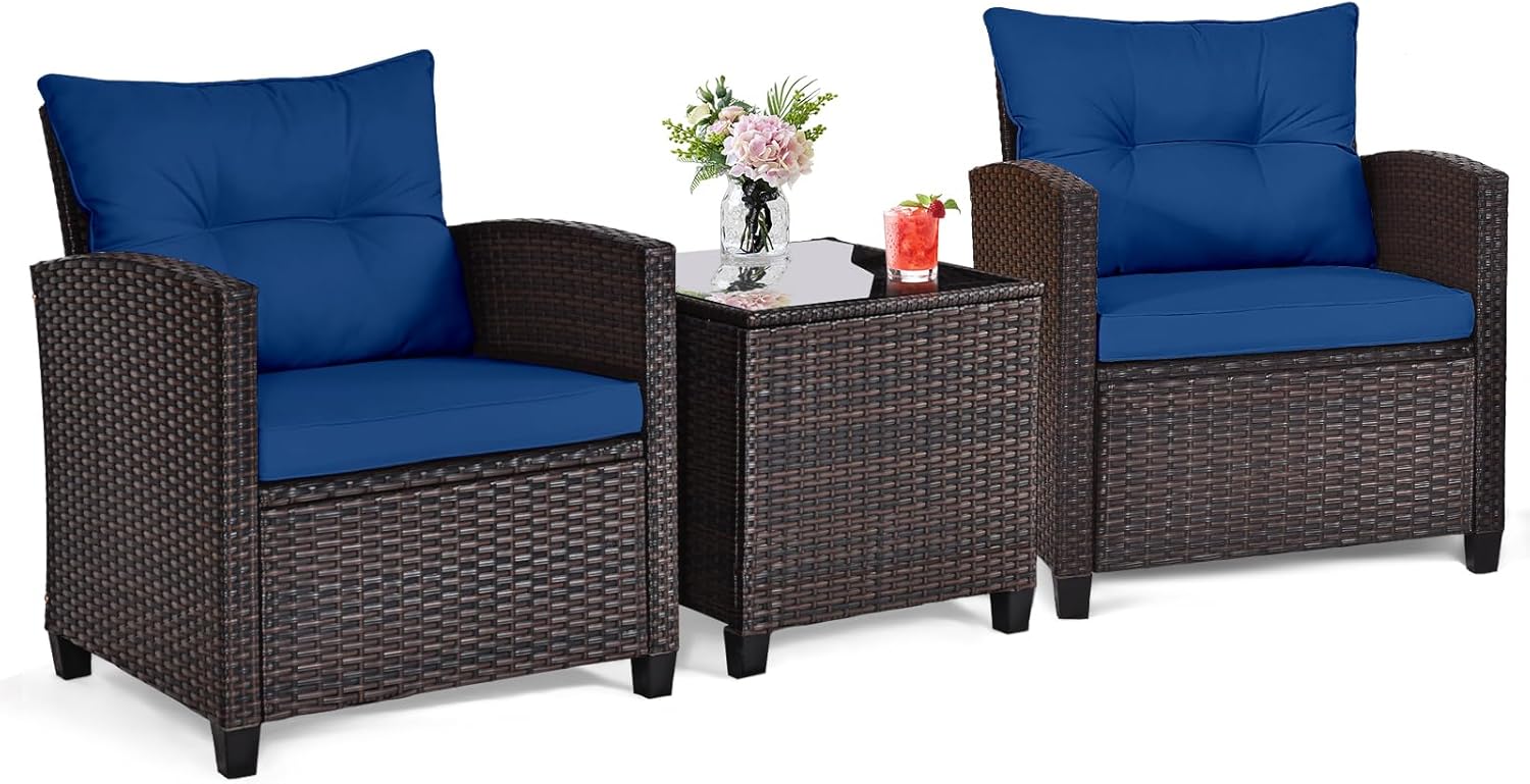Outdoor Furniture Weatherproof - Navy blue rattan wicker 3-piece outdoor